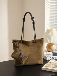 Vintage Wildleder Shopper Tasche für Damen mit kleiner Tasche und Knoten Riemen