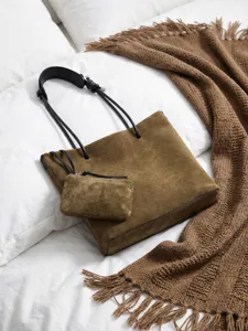 Braune Wildleder Tote Bag fuer Damen mit kleiner Tasche, retro Leder Schultertasche.