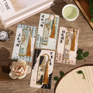 Chinese style hollow metal bookmarks set with tassels and vintage paper cards for reading lovers.