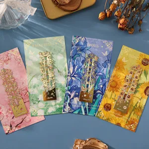 Exquisite hollow floral metal bookmarks with elegant backing cards, perfect for reading and students.