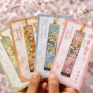 Chinese ancient style metal bookmark set with floral poetry cards, elegant student gift.