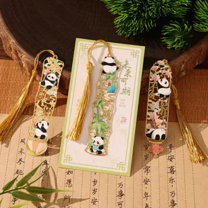 Exquisite metal panda bookmarks with tassels, creative Chinese style book page markers for students.
