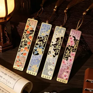 Traditional Chinese metal bookmarks set with tassels, vintage hollow floral bookmark gifts.