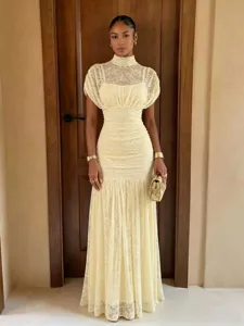 Women's Sexy Solid Color Slim Fit Bodycon Mesh Splicing Long Dress Elegant Commuting Sleeveless Round Neck Maxi Dress