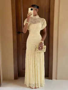 Stunning yellow lace maxi dress with mesh spliced design, elegant slim fit long dress for women.