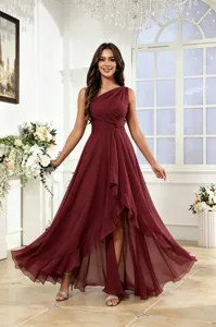 Elegante vestido midi de gasa de un hombro estilo francés, cintura ajustada verano.