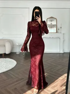 Elegante vestido largo sirena de encaje rojo vino de manga larga, vestido de noche.