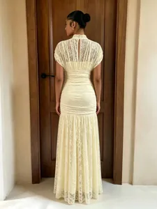Sexy solid color slim fit hip-wrapping mesh patchwork dress, elegant long skirt for women.