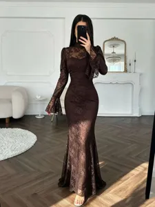Vestido Maxi Largo Elegante Ajustado de Sirena Manga Larga Cuello Cisne Encaje Mujer Fiesta Sexy