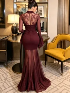 Vestido de noche largo burdeos de manga larga, vestido sirena de encaje y malla para fiestas.