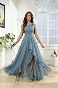 Elegante vestido midi de gasa de un hombro para mujer, estilo francés vestido de fiesta de verano.
