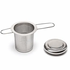 Stainless steel tea infuser with handles and lid for loose leaf tea brewing, 70mm outer diameter.