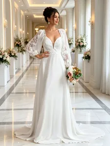 Women Long Sleeve V-Neck Lace Wedding Dress Elegant A-Line Bridal Gown Long Maxi Dress For Wedding Ceremony