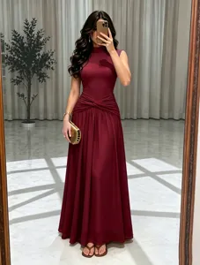 Sleeveless mesh maxi evening dress with a chic ruched waist for formal party events.
