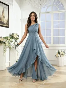 Elegante vestido largo asimétrico de gasa gris azulado para mujer fiesta boda verano