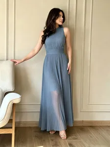 Vestido Largo de Mujer de Chifón Francés Manga Larga Cuello en V Cintura Alta Línea A Elegante Commute Color Sólido Primavera