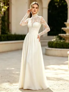 Detailed view of the elegant long-sleeve lace wedding dress featuring a chic high neckline.