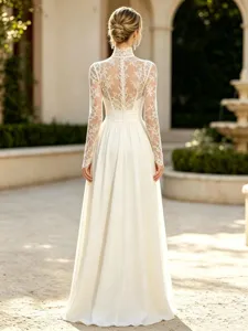 French vintage long-sleeve lace wedding dress detail view, elegant high-neck evening gown.