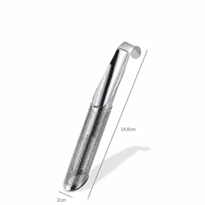 Stainless steel pipe tea infuser detail view, fine mesh tubular filter design, 14.8cm.