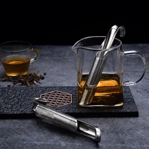 Stainless steel tea infuser stick detail view, fine mesh design for loose leaf tea brewing.