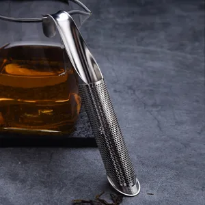 Stainless steel pipe tea infuser, fine mesh filter tube for loose leaf tea brewing detail.