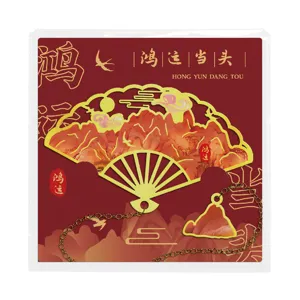 Classic Chinese style hollow metal fan bookmark with chain and mountain gift for student.
