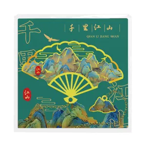 Traditional Chinese style metal hollow fan bookmark with elegant chain and landscape gift card