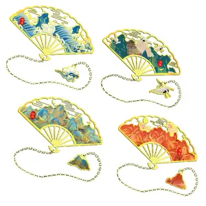 Traditional Chinese style metal hollow fan-shaped bookmarks set with exquisite chain and pendant.