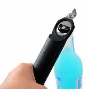 Multipurpose beer bottle opener detail view, ergonomic black handle, easy bottle cap remover.