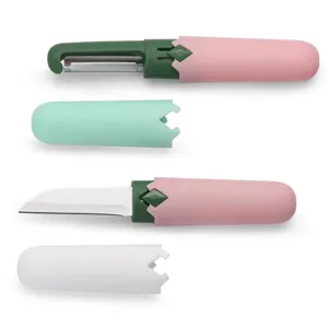 2-in-1 kitchen fruit peeler and paring knife set with protective covers in multiple colors.