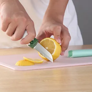 Kitchen fruit knife detail showing lemon slicing process on cutting board with safety cover.