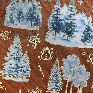 Holographic gold foil winter pine tree PET stickers for journal DIY scrapbooking decoration.