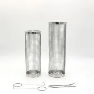 Stainless steel rolling grilling basket for BBQ, cylindrical mesh roasting cage tool set.