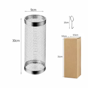 Stainless steel rolling BBQ grill basket cylinder mesh barbecue tool for outdoor camping cooking