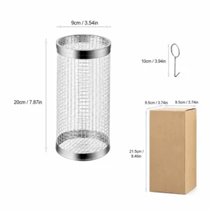 Stainless steel rolling grill basket cylindrical mesh BBQ tool with hook and packaging box.
