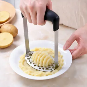Stainless steel potato masher with ergonomic non-slip handle for easy kitchen food mashing.