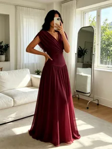 Élégante robe de soirée longue en mousseline bordeaux avec détail de scène lumineuse