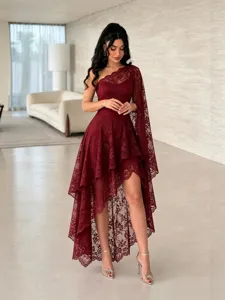 Κομψό Γυναικείο One Shoulder Maxi Φόρεμα με Patchwork Δαντέλας Λαιμόκοψη Slash Κοντό Μανίκι Slim Γραμμή Βραδινό Φόρεμα Πάρτι