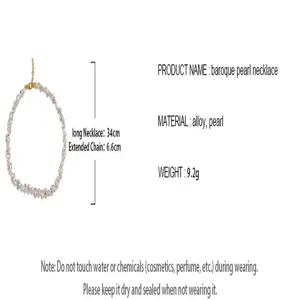 Collier de perles baroques spécifications détaillées avec longueur 34cm et extension.