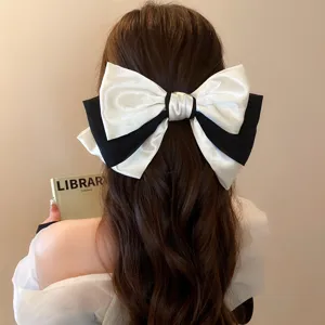 Pinza para el pelo con lazo de tela en blanco y negro estilo francés gran accesorio elegante
