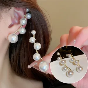 Fashion Rhinestone Tassel Artificial Pearl Ear Cuff Non Pierced Clip On Earrings Light Luxury Jewelry Gift For Women