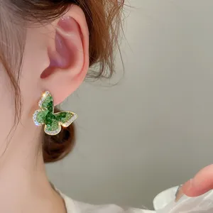 Elegant green crystal butterfly stud earrings with sparkling zircon for women fashion.