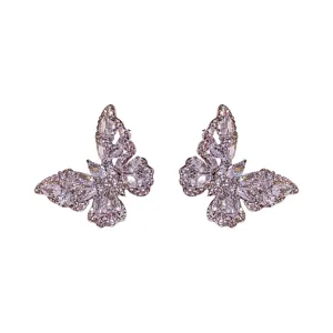 Silver zircon butterfly stud earrings for women, elegant sparkling crystal ear jewelry new fashion.