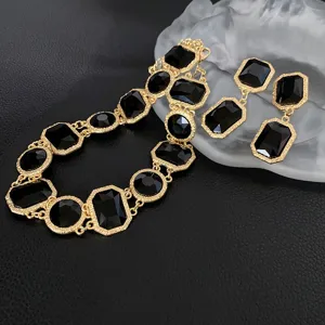 Retro European black crystal necklace and earrings set, luxury gold-tone geometric jewelry.