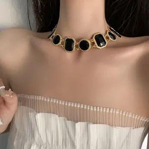 Vintage black crystal choker necklace, retro geometric gold metal statement jewelry for women