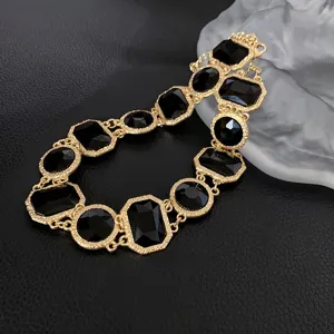 Vintage gold-tone chunky chain necklace with black geometric crystal stones for women fashion.
