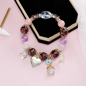 Sweet crystal beaded bracelet with cute charms, stylish aesthetic fashion jewelry for women.
