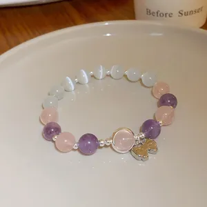 Elegant crystal beaded bracelet with sweet bow pendant, natural stone jewelry gift.