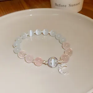 Fresh sweet crystal beaded bracelet with sparkling moon pendant, elegant light luxury jewelry.