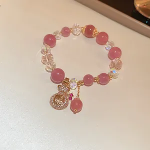Pink crystal beaded charm bracelet with sparkling diamond rhinestone money bag pendant jewelry